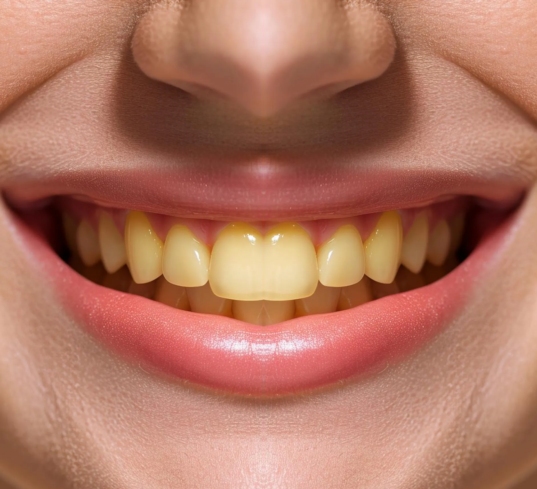 Illustrative demo image: a smile with stained teeth, before whitening