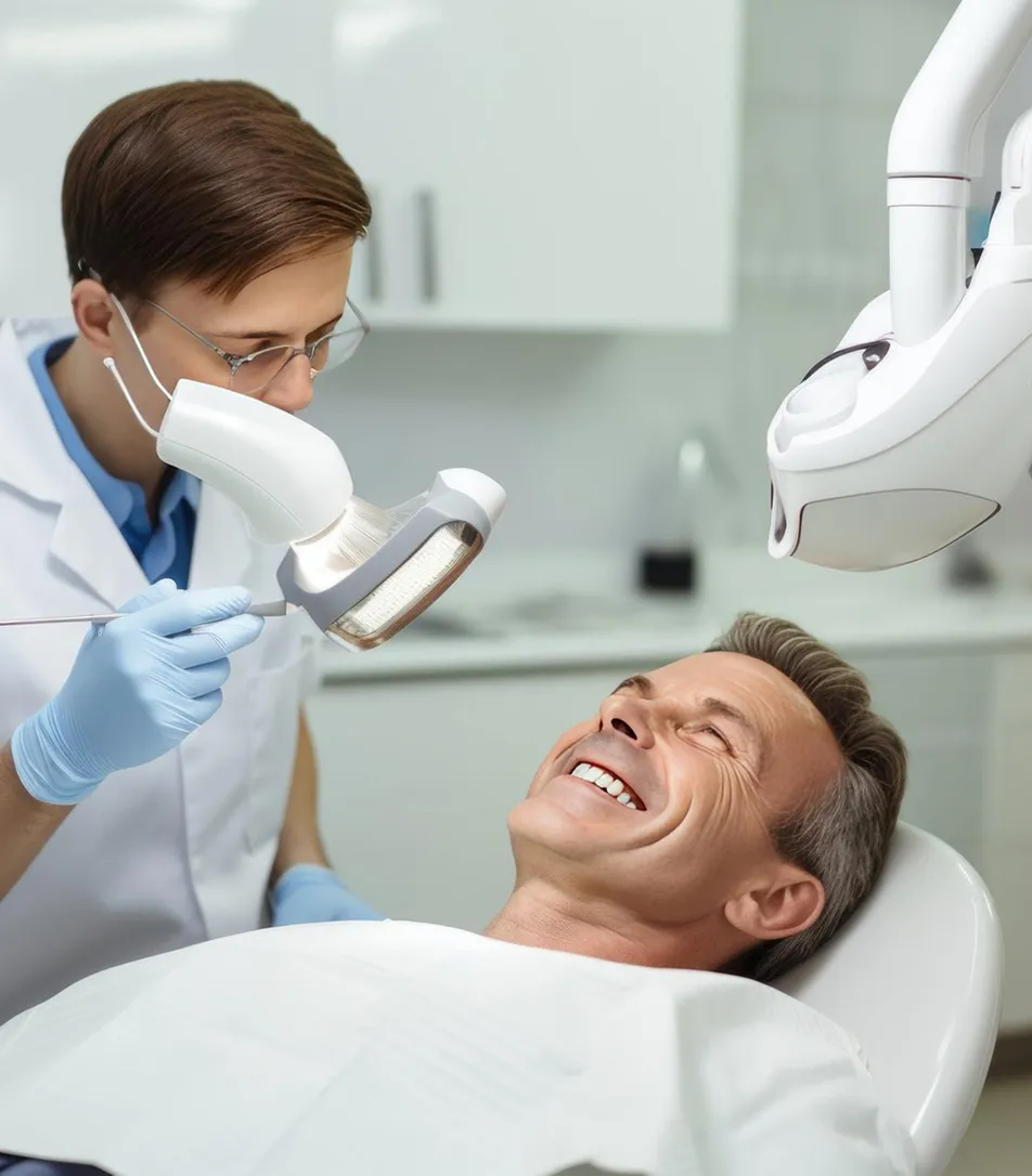 A dentist in a mask shines a curing light on a smiling patient in the dental chair